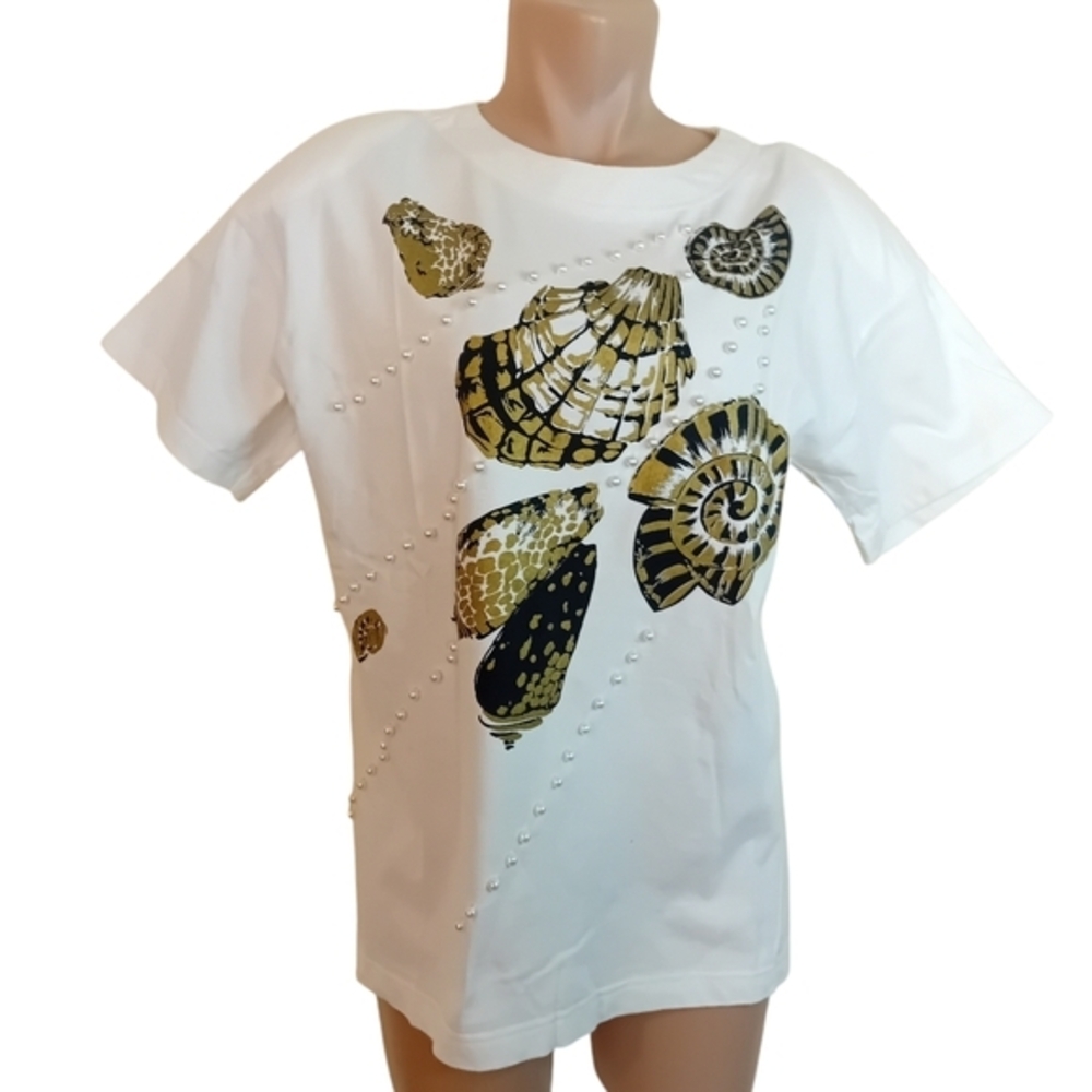Vintage Women's L'Ultima 3D Pearl Beach Shirt Shoulder Pads Gold‎ Design M READ